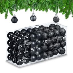 Relaxdays Christmas Baubles Set of 96, Glittering, Matt and Sparkles, Plastic, Traditional Spheres, Decorations, Black