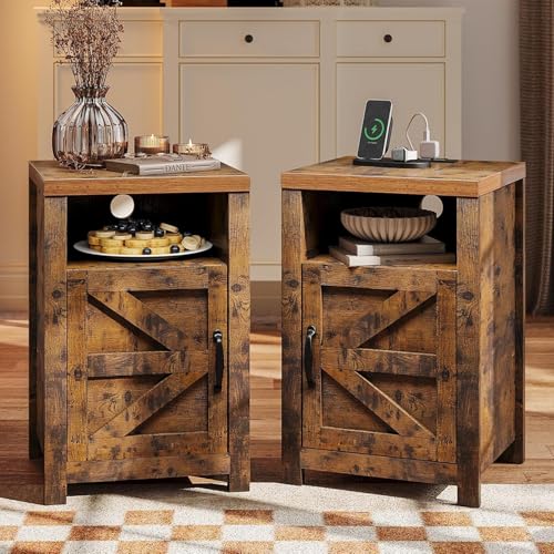 oneinmil Bedside Table with Charging Station, Farmhouse Sofa Side Table Set of 2 with Storage Cabinet, Bed Side End Table with USB, Nightstand with Door for Bedroom, for Bedroom, Living Room, Brown