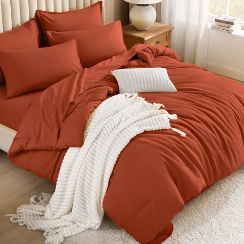 Litanika Burnt Orange Comforter California King Size Set - 7 Pieces Terracotta Bed in a Bag California King Bedding Comforter Sets, Plain Lightweight Bed Set