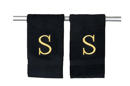 Black with Gold Monogrammed Hand Towels for Bathroom - Set of 2 Letter P - Luxury Hotel Quality Initial Towels For Powder Room, Spa, GOTS Organic Certified