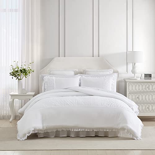 Laura Ashley Reversible Bedding Set with Matching Shams, Home Decor, Microfiber, Eyelet Ruffle White, Queen