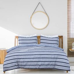 Sleepdown Stripe Seersucker Navy White Reversible Duvet Cover Quilt Pillow Cases Bedding Set Soft Easy Care - King (230cm x 220cm),5056242893370