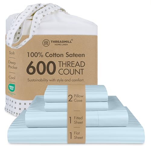 "Threadmill 600TC Cotton Full Sheet Set, Sateen, Damask Stripe, Blue - 100% Cotton, Sateen Weave, Damask Stripe Pattern, 4-Piece Set, 16"" Deep Pocket, Cooling, OEKO-TEX Certified, Machine Washable"