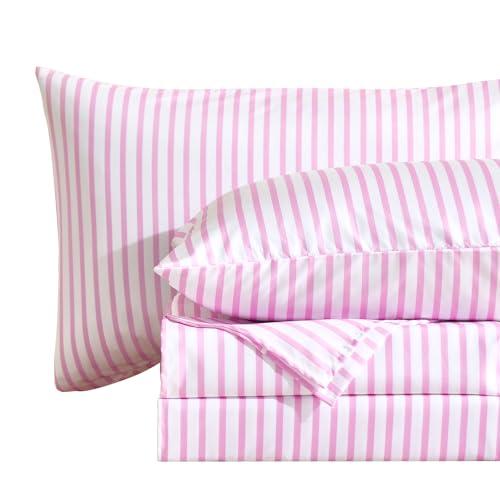 "MCO 4Pieces Striped Sheets Set, Breathable Full Sheet Set with 16"" Deep Pocket,Modern & Luxury, Brushed Microfiber Bedding Set(Full, Pink Simple)"