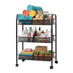 Relaxdays trolley, 3-tier, metal, HxWxD: 62.5 x 43.5 x 26 cm, 4 castors, kitchen, bathroom, side trolley, black