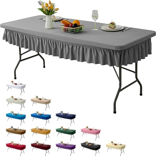 RUOYU 8ft Light Grey Stretch Tablecloth for Rectangular Tables - Flared Wrap Design, Waterproof, Wrinkle-Resistant, Washable - Ideal for Weddings, Parties, Banquets & Table Protection