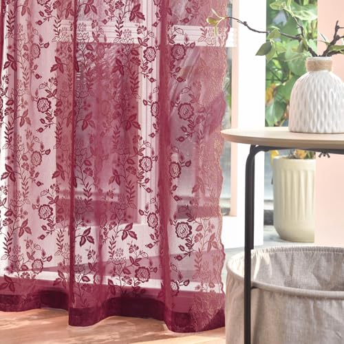 FINECITY Burgundy Sheer Curtains 96 Inches Long - 2 Panels Rustic Leaf Floral Pattern Maroon Lace Curtains for Living Room, Rod Pocket Privacy Light Filtering Red Wine Window Drapes, 52 x 96 Inch