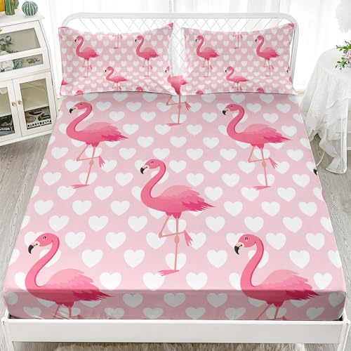 XYNHML Tropical Pink Flamingo Love Heart Pattern Fitted Sheet Set 3Pcs Kids Kawaii Quilt Bed Sheets Full Cute Flamingo Bedding Set for Boys Teens Adult Includes 1 Fitted Sheet,2 Pillowcases
