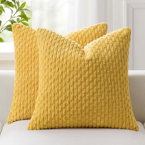Kevin Textile Throw Pillow Covers Soft Corduroy Decorative Set of 2 Boho Striped Pillow Covers Pillowcases Farmhouse Home Decor for Couch Bed Sofa Living Room 20x20 Inch Mustard Yellow