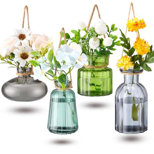 Wonderjune 4 Pcs Stained Glass Hanging Vases Hanging Glass Planters Small Plant Terrarium Pot Containers with Rope for Garden Home Indoor Outdoor Decor, 4 Styles (Artsy)