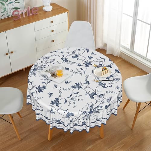 Baocicco Blue Floral Round Tablecloth Blue and White French Country Circle Tablecloths Rustic Flowers Stain Proof Table Cover for Farmhouse Decor Indoor Outdoor Table Picnic Dinner Decor 60x60 Inch