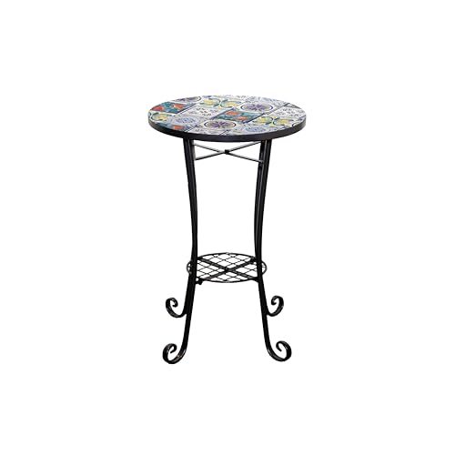 Mosaic Garden Table Outdoor Plant Stand 35cm with Shelf - Metal Ceramic Tile Top - Lisbon Round Small Accent Side Table for Balcony, Terrace, Porch, Garden, Patio, Plant Display and Home DΓ©cor