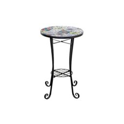 Mosaic Garden Table Outdoor Plant Stand 35cm with Shelf - Metal Ceramic Tile Top - Lisbon Round Small Accent Side Table for Balcony, Terrace, Porch, Garden, Patio, Plant Display and Home Décor
