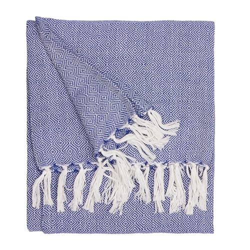 furn. Dessa Throw – Soft Indoor/Outdoor Quick Dry Woven Geometric Fringed Blanket (Cobalt – 130x180cm)
