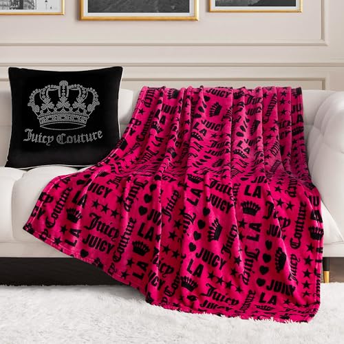 Juicy Couture Luxury Throw Blanket for Sofa - 127cm x 178cm - Royal Crown Blanket - Plush & Cozy Blanket - Decorative Blankets for Sofas, Throw Covers for Chairs and Beds - Warm Pink/Black
