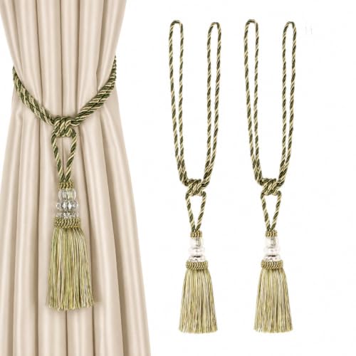 BEL AVENIR 2 Pack Curtain Tiebacks Hand-Woven Holdbacks Tassels Tiebacks - Crystal Tassels Tiebacks, Home Decorative, Curtain Tie, Tiebacks for Drapes, Rope Curtain Tiebacks (Mix Green, 2 Pack)