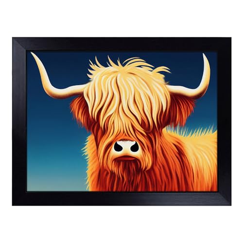 Lap Tray with Bean Bag Cushion, Artistic Highland Cow - Handmade in the UK, Raised Wooden Edge, Padded Cushion, Heat-Resistant Wipe-Clean Surface, for Meals, Laptops and Crafts