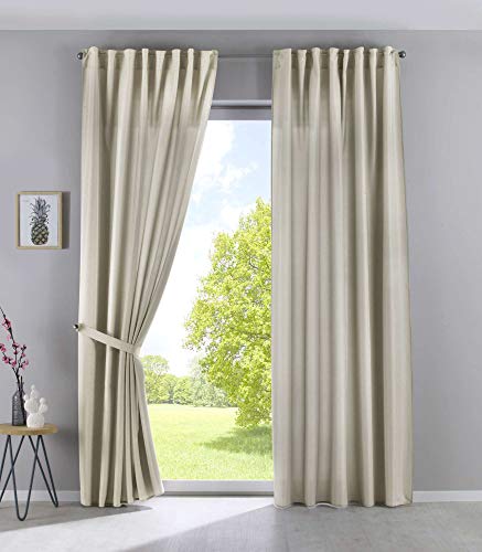 Gardinenbox Set of 2 Cationic Jena Opaque Linen Look Curtains Mottled Curtain Tape with Tie Backs, 100% Polyester, Sand, H x W 225 x 140 cm