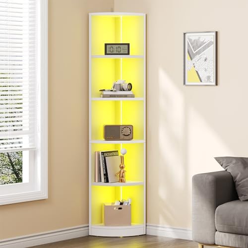 YITAHOME 5 Tiers BookShelf, Corner Bookshelf with LED Lighting, Corner Bookcase Unit, Bluetooth Music Synchronisation, Display Cabinets for Bedroom Living Room Home Decoration 30x30x180cm