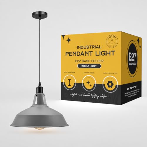 LEDSone Industrial Vintage E27 One Head Ceiling Hanging Adjustable Pendant Lamp with Grey Barn Slotted Light Shades for Kitchen Restaurant Bar Balcony