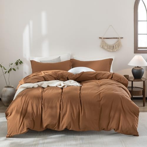 "Warm Moment 100% Washed Cotton Duvet Cover Set Size Queen with 90""x90"" Quilt Cover and 2 Pillowcases, Dark Orange"