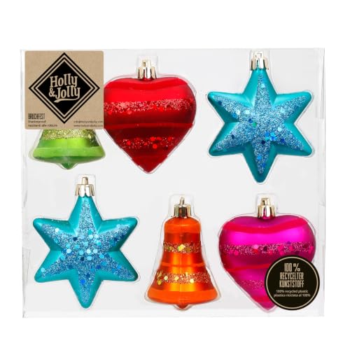 Holly & Jolly Mille Fiori Christmas Tree Decorations Set of 6 - Plastic Christmas Tree Decoration, 8 cm, Pendant in 5 Colours, Bell, Heart & Star, Glittery, Christmas Decoration for Indoor