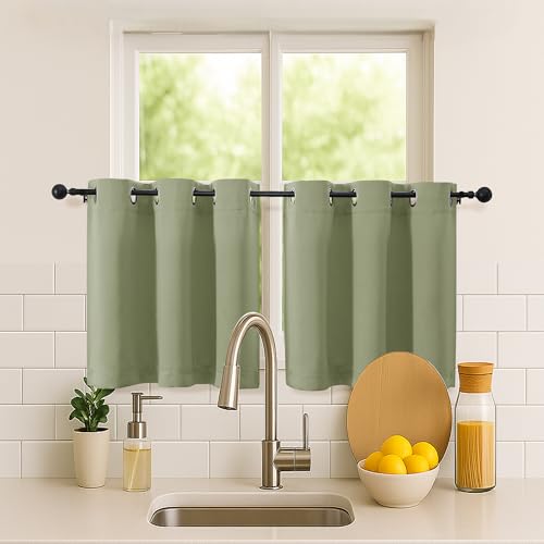 Simplebrand Sage Green Short Kitchen Curtains 24 Inch Length 2 Panels Set, Small Windows Room Darkening Curtain for Bathroom, Cabinet, Basement, RV Camper, Thermal Insulated Short Drapes, 40 x 24 Inch