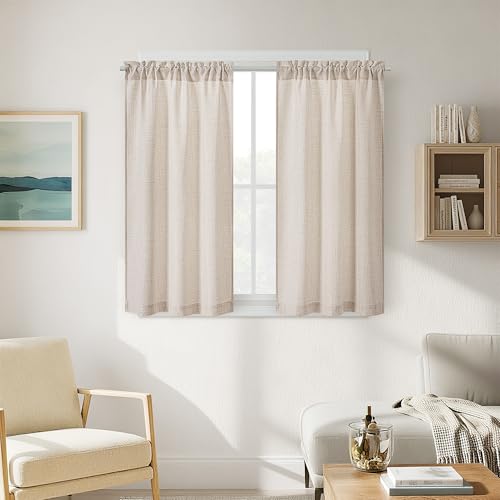 DUKIYO 48 Inch Linen Small Window Curtains 2 Panels for Bedroom Bathroom Rod Pocket Privacy Semi Sheer Light Filtering Window Treatments Light Coffee Tan Beige Farmhouse Rustic Door Curtain W34xL48