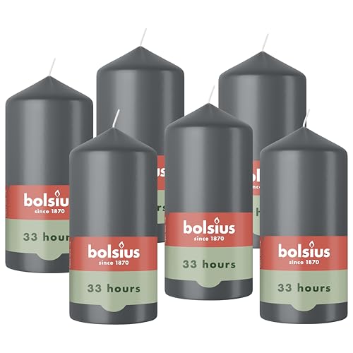 Bolsius - Pillar Candles - Grey - 12 cm - 6 Pieces - Burning Time 33 Hours - with Natural Extracts - Natural Plant Wax - Without Palm Oil