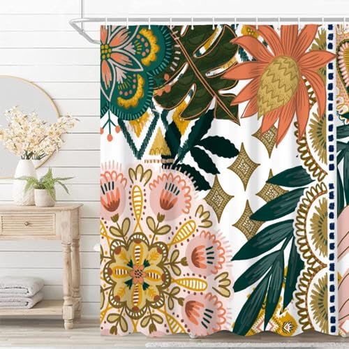 Umpoo Bohemian Floral Bathroom Shower Curtain - Colorful Boho Leaves Flowers with Hooks - Polyester Waterproof Fabric Paisley Unique Trendy Woman Shower Curtain Decor, 69x70 Inch