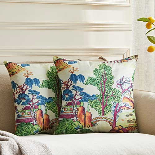 BLESFEST Pack of 2, Chinoiserie Pillow Cover 18 x 18 Inch Thibaut Asian Scenic Coral and Green Throw Pillow Covers Linen Farmhouse Tree Leaves Pillow Case Cushion Covers for Sofa Couch Living Room