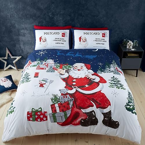 Catherine Lansfield Retro Father Christmas Reversible Single Duvet Cover Set with Pillowcase Navy Blue
