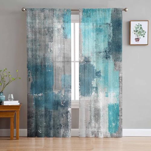 PIEPLE Turquoise Blue Grey Sheer Curtains 84 Inch Length 2 Panels Set for Living Room/Bedroom, Teal Abstract Art Painting Semi Curtain Sheers Drapes Rod Pocket Curtains Window Treatment Set