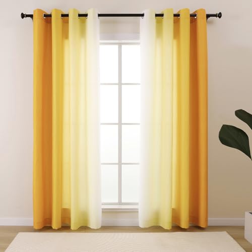 "L.Z.E Gold and White Ombre Privacy Sheer Curtains 63 Inch Length 2 Panels Set Gold Light Filtering Non-See-Through Curtains & Drapes for Living Room Bedroom Nursery Grommet Top Short (55"" W x 63"" L)"