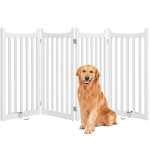 Yaheetech Freestanding Pet Gate Indoor 4-Panel Wooden Dog Gate for Small and Medium Dogs, Foldable Pet Fence with 2 Support Feet,Dog Door for Doorways/Stairs/Halls/Kitchen (91cmH,White)