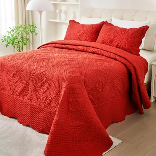 "Cmfshape King Bedspread 106""x96"",3 Piece King Quilt with 2 Shams,Lightweight Red Quilt Set for All Season,Modern Coin Pattern Bedding Set(1 Quilt,2 Pillowshams)"