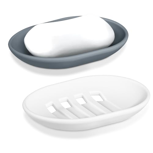 Silicone Soap Dishes, 2pcs Soap Dish with Drainage, Non???Slip and Portable Soap Tray, Bar Soap Holder for Shower, Bathroom, Kitchen - Grey & White