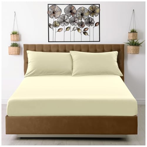 GC GAVENO CAVAILIA Plain Single Fitted Sheet - Breathable Soft Polyester Fabric - 38cm Deep Fitted Single Sheet - Easy Care & Fade Resistant Bottom Bed Sheets (91x190 cm) - Cream