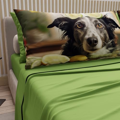 PETTI Artigiani Italiani - Animal Bed Linen with Dogs in Cotton with Pillowcases in Digital Print, Double Bedsheets, Green Double Bed Set, 100% Made in Italy