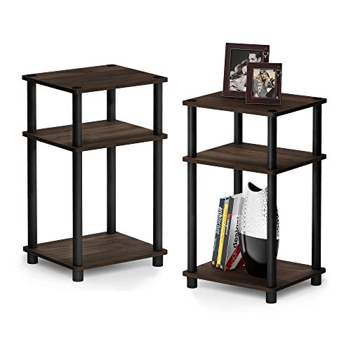 Furinno JUST Side Table Set of 2, 3-Tier End Tables, Open Shelves Night Stand, Nightstand, Toolless Assembly, for Living Room, Bedroom, Columbia Walnut