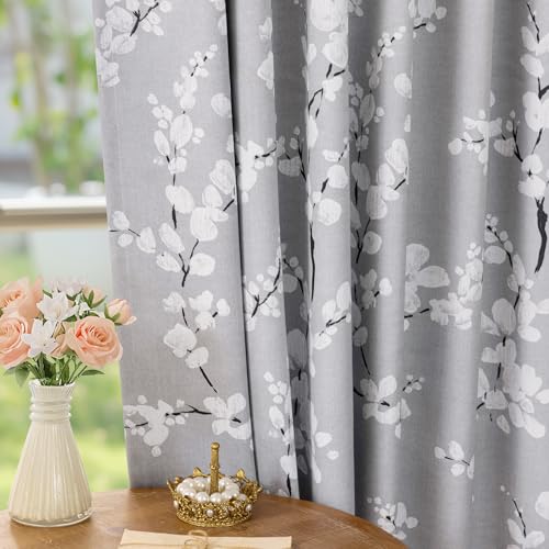 FMFUNCTEX 100% Blackout Grey Floral Curtains 63 Inch Rod Pocket 2 Panels - 100% Black Out Drapes, Blossom Patterned, Thermal Insulated, Cottage Farmhouse, for Living Room, Rod pocket, White on Grey