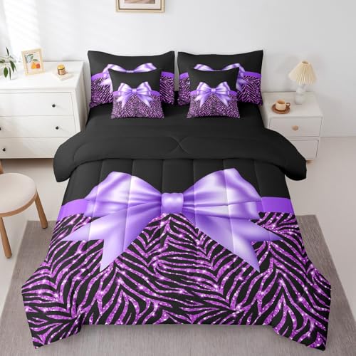 Feelyou Purple Bowknot 7 Piece Bedding Set Queen Size Glitter Print Comforter Set with Sheets for Kids Girls Adult Cute Bowknot Bed in a Bag Black Silver Bed Set