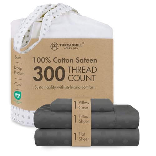 Threadmill Home Linen 300 Thread Count 100% Cotton Sheets, Jacquard 3 Piece Bed Sheet Set, Luxury Bedding, Smooth Sateen, Twin XL Size, Dark Grey