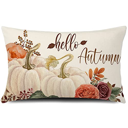 GTEXT 20x12 inch Fall Throw Pillow Cover Hello Autumn Cushion Cover Autumn Decor Fall Pumpkins Pillow Cover Outdoor Pillow Linen Lumbar Pillow Cover for Cushion,Sofa Fall Pillow Cover