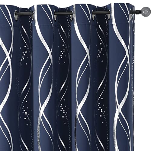 BUHUA Blackout Curtains 63 inch Length 2 Panels Set - Energy Efficient and Noise Reducing Curtains for Bedroom with Wave Striped Foil Print (52 x 63, Navy Blue)