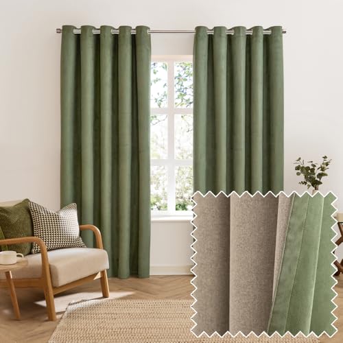 furn. Verso Blackout Eyelet Curtain Pair – Reversible Ring Top Light Blocking Suede Drapes (Green - 229x137cm)