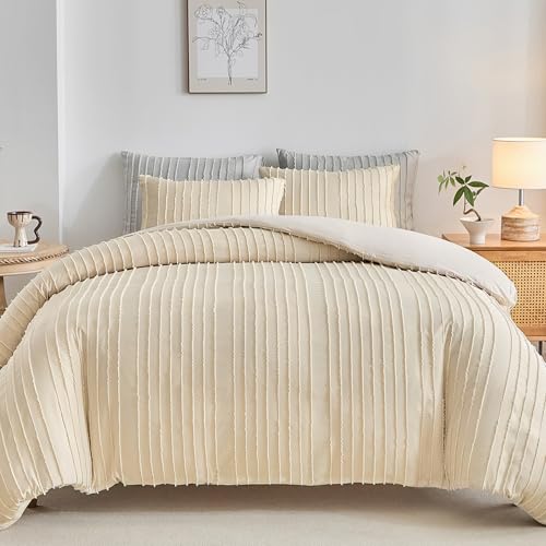 WARMDERN Tufted Duvet Cover Set King Size, Khaki Striped Textured Duvet Cover Boho Bedding Set, 3 Pcs Ultra Soft Washed Microfiber Duvet Cover with Zipper Closure (King, Khaki)