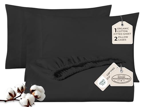 ROYALE LINENS 300 Thread Count 100% Long Staple Combed Cotton 3 Piece Queen 1 Fitted Sheet, 2 Pillow Cases -Breathable Cool & Crisp Percale Sheet Set (Queen, Black)