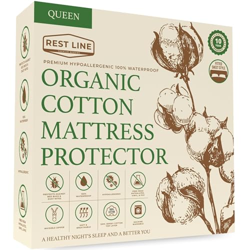 "Queen Size 60x80??? Premium 100% Organic Cotton Waterproof Mattress Protector, Hypoallergenic, Cooling Mattress Pad Cover, Soft & Breathable Fitted Sheet Style up to 18"" Deep - Rest Line"