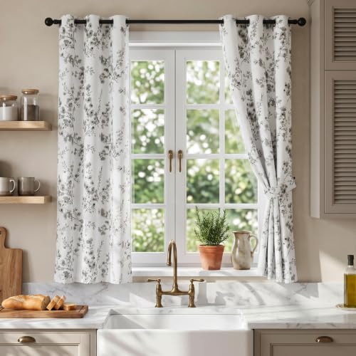 Melodieux Grey Floral Curtains 63 Inch Length for Living Room, Farmhouse Apricot Flower Print White Decorative Grommet Drapes, 42x63 Inch, 2 Panels